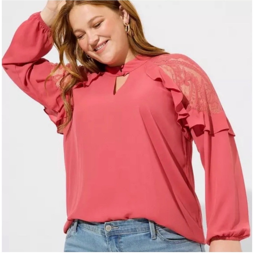 Torrid Georgette Crochet Inset Ruffle Top Plus 4 4X Holly Berry Pink